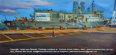Painting the ex HMAS Adelaide en plein air at Glebe Island Wharf painted by industrial heritage artist Jane Bennett